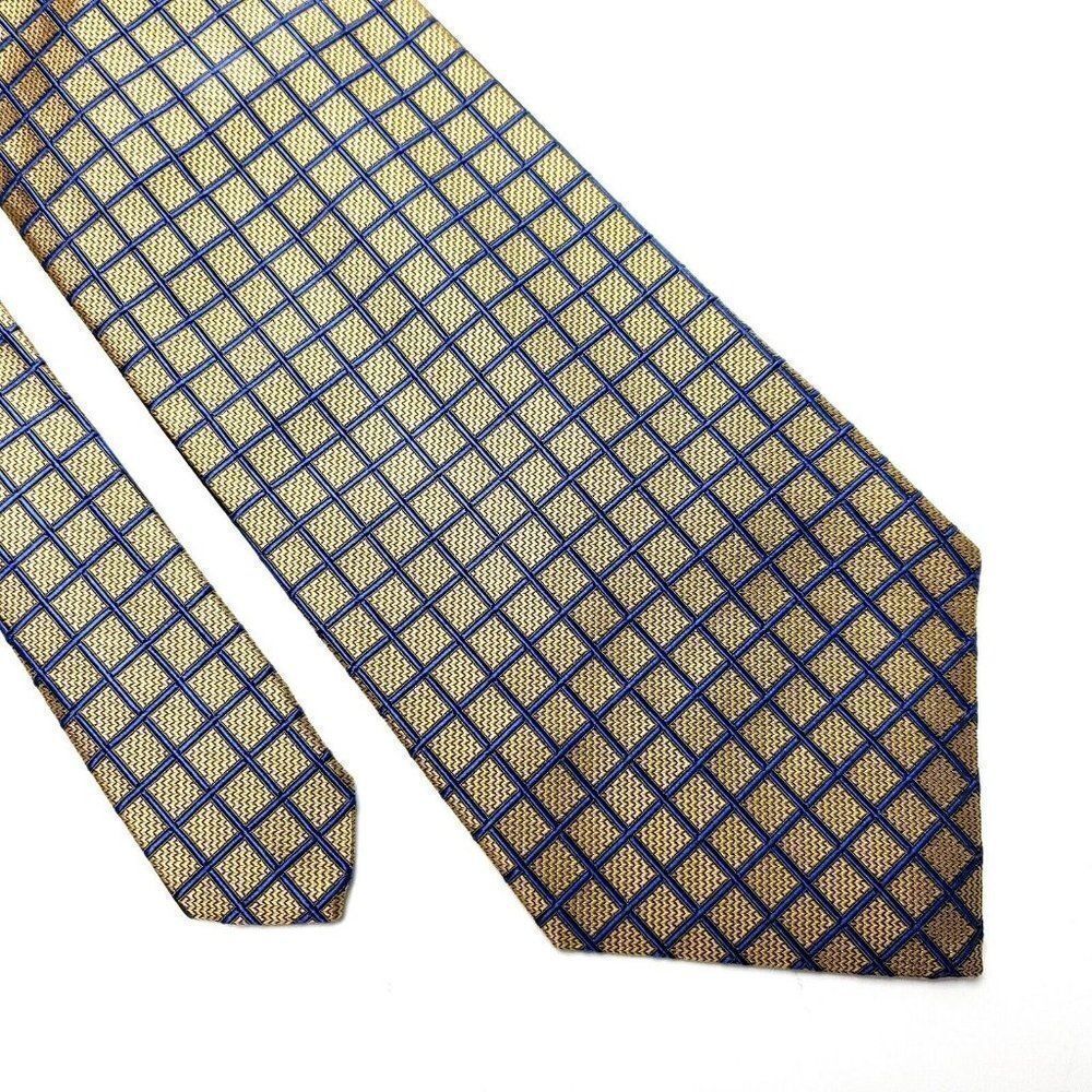 Lands End Silk Tie‎ Gold Blue Woven Geometric USA